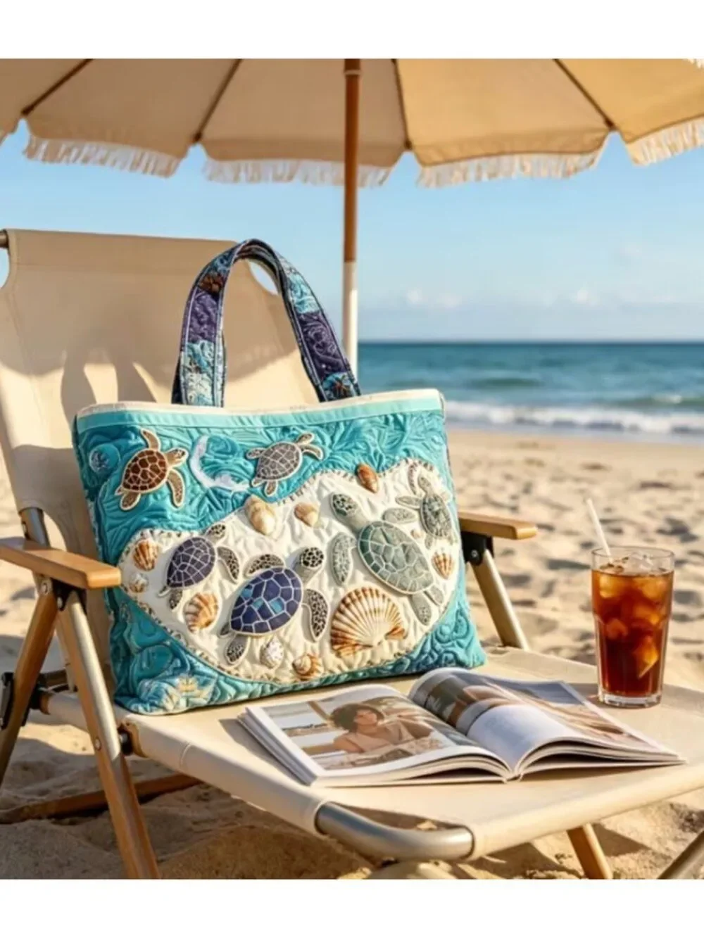 NWT Quilted Sea Turtle Tote Bag Large Coastal Beach Handbag Seashell Ocean